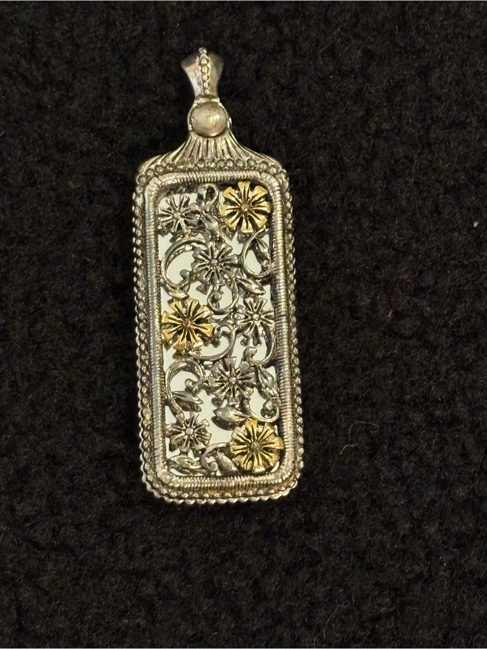 Vintage 1928 Jewelry Two Tone Pewter Flower Filigree Secret Mirror Pendant